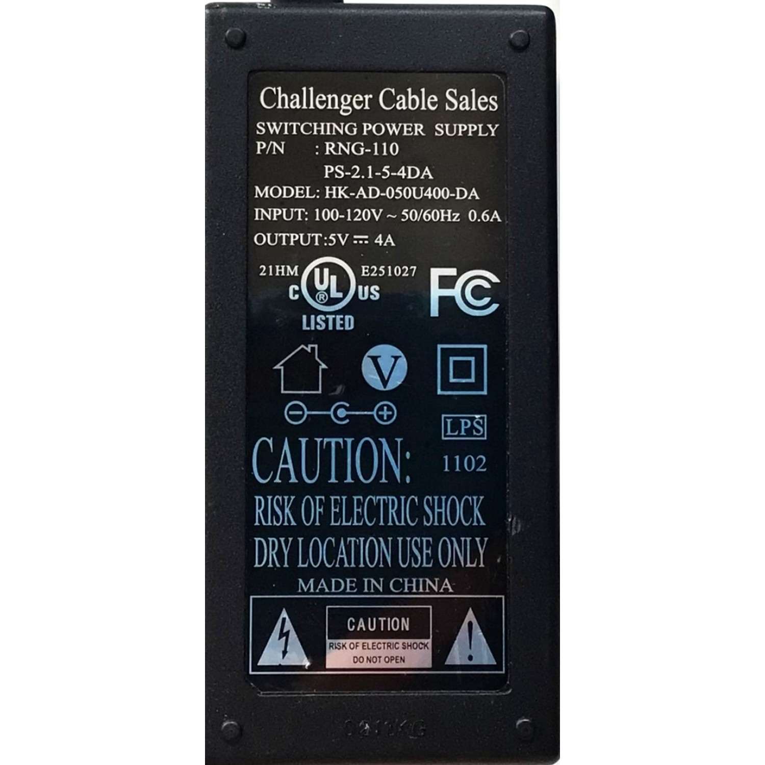 CARGADOR / ADAPTADOR DE FUENTE DE ALIMENTACION VCA-VDD  / NUMERO DE PARTE RNG-110 / PS-2.1-5-4DA / ENTRADA VCA 100-120V~ 50/60HZ 0.6A / SALIDA VCD 5V 4A / MODELO HK-AD-050U400-DA - Imagen 3